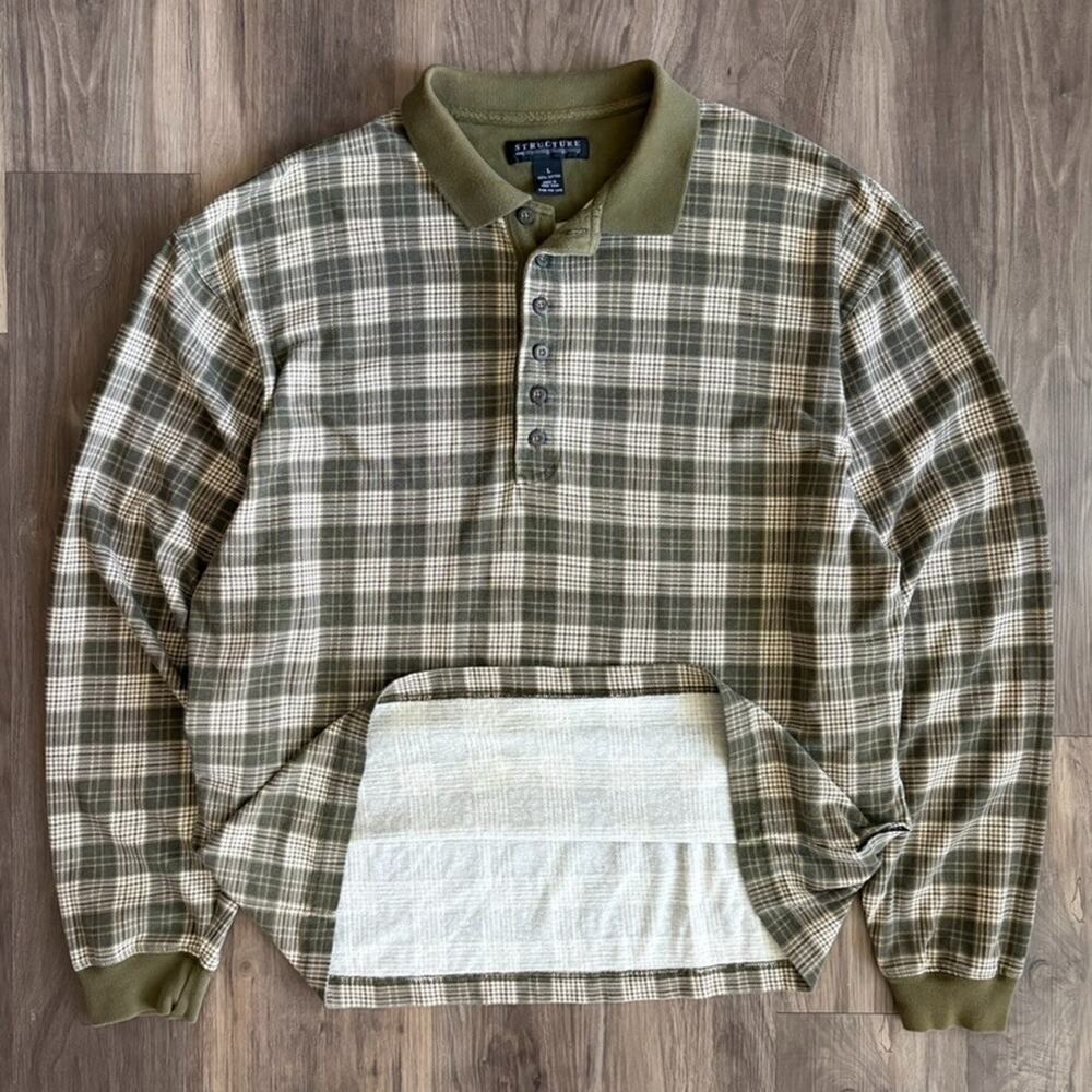Vintage Structure Rugby Polo Shirt Men's Size L Plaid Green 1990s